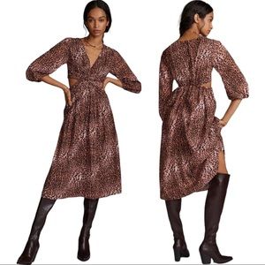 NWT Anthropologie Ranna Gill Cutout Leopard Midi Dress XL Long Sleeve V-Neck